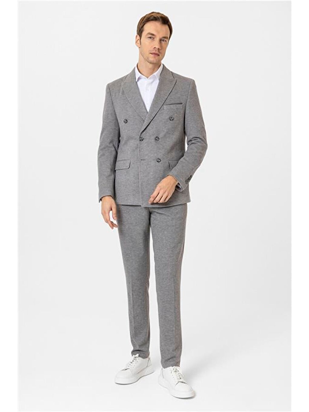 Gri Slim Desenli Kruvaze Yaka 6 Drop Takım Elbise-1