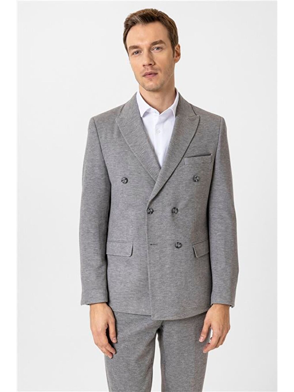 Gri Slim Desenli Kruvaze Yaka 6 Drop Takım Elbise-2