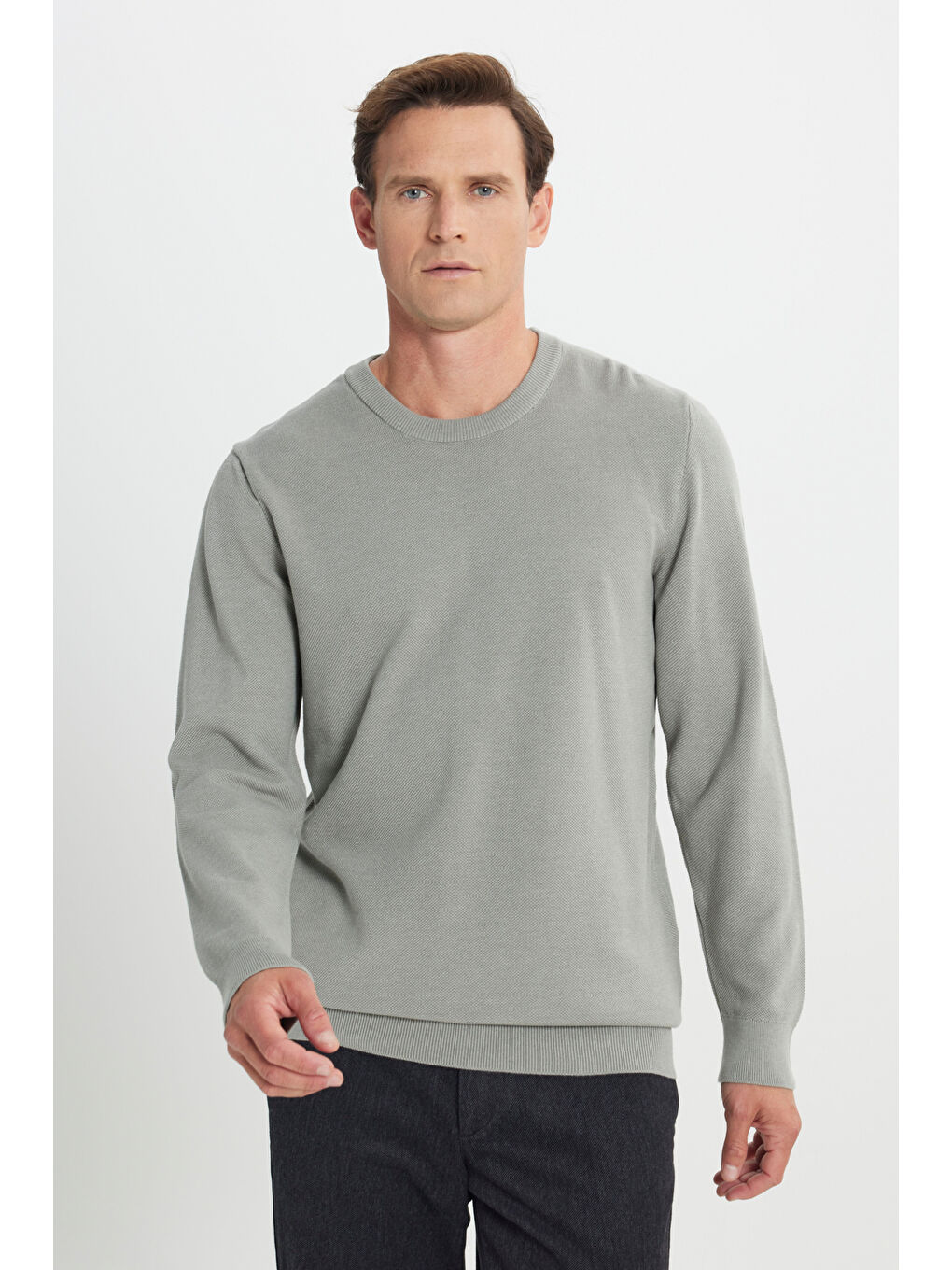 Erkek Su Yeşili Pamuklu Standart Fit Normal Kesim Bisiklet Yaka Jakarlı Triko Kazak