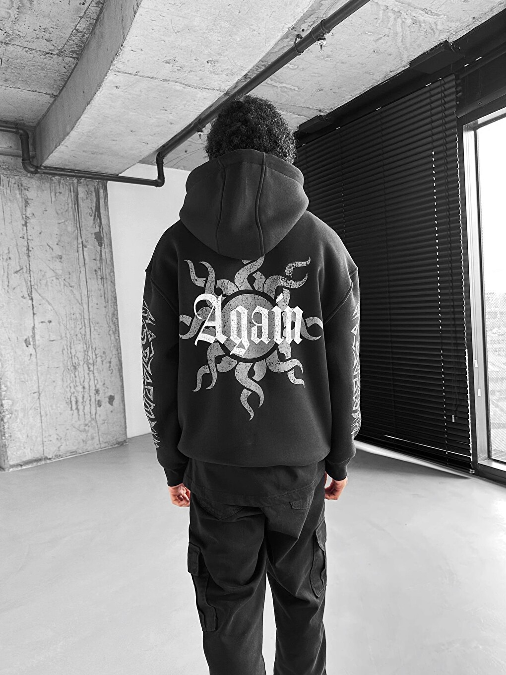 Erkek Oversize 'again' Baskılı Kapüşonlu Sweatshirt Siyah-1