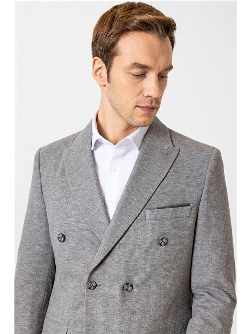 Gri Slim Desenli Kruvaze Yaka 6 Drop Takım Elbise-3