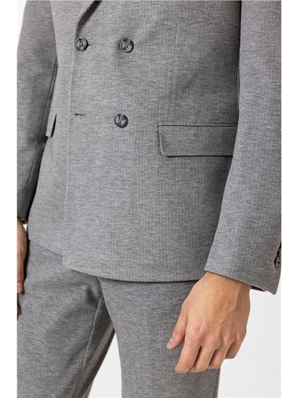 Gri Slim Desenli Kruvaze Yaka 6 Drop Takım Elbise-4