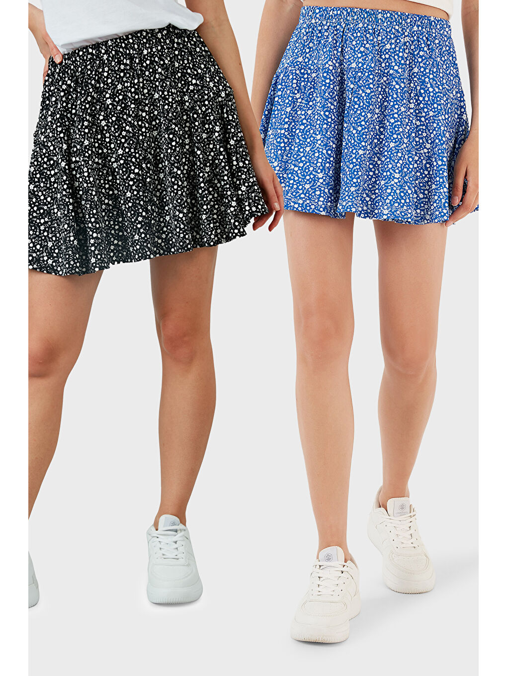 Siyah Desenli Beli Lastikli Slim Fit Mini 2'li Paket Kadın Şort Etek 5864024S2