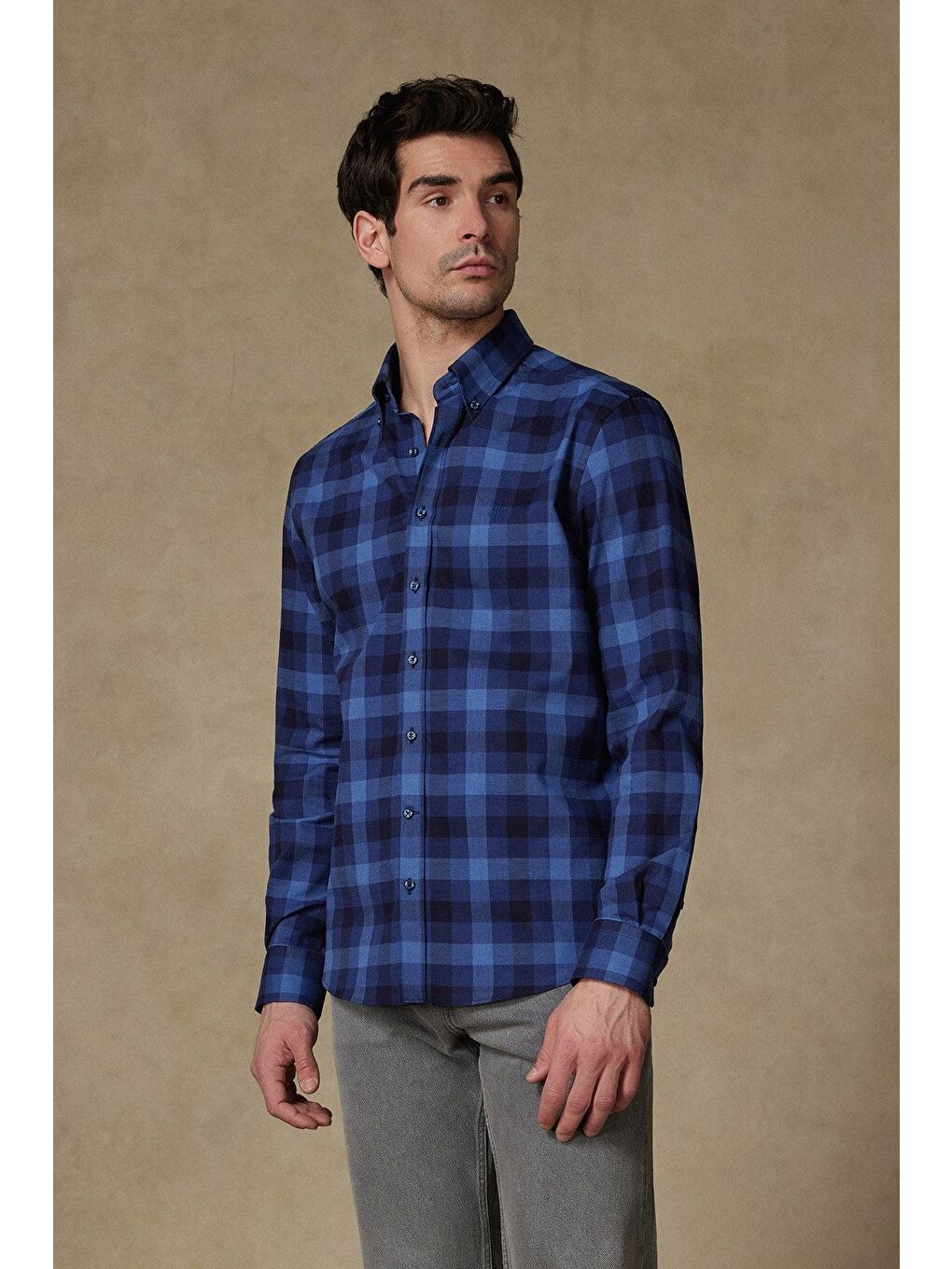 Luca Twill Pamuklu Comfort Fit Lacivert Düğmeli Yaka Erkek Kareli %100 Pamuk Gömlek