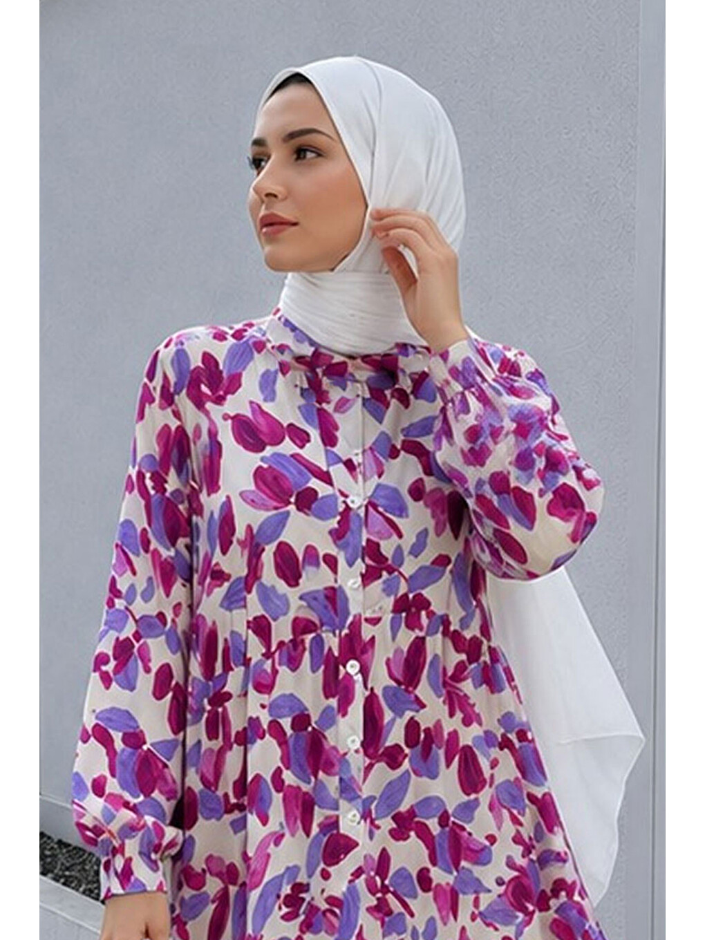 Pat Detaylı Yaprak Desenli Elbise Tsd260261 Fuşya-1