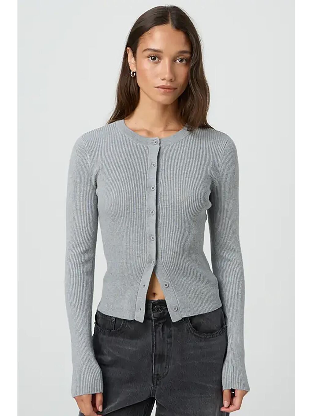 Gri Düğmeli Uzun Kollu Kaşkorse Hırka Mg2177