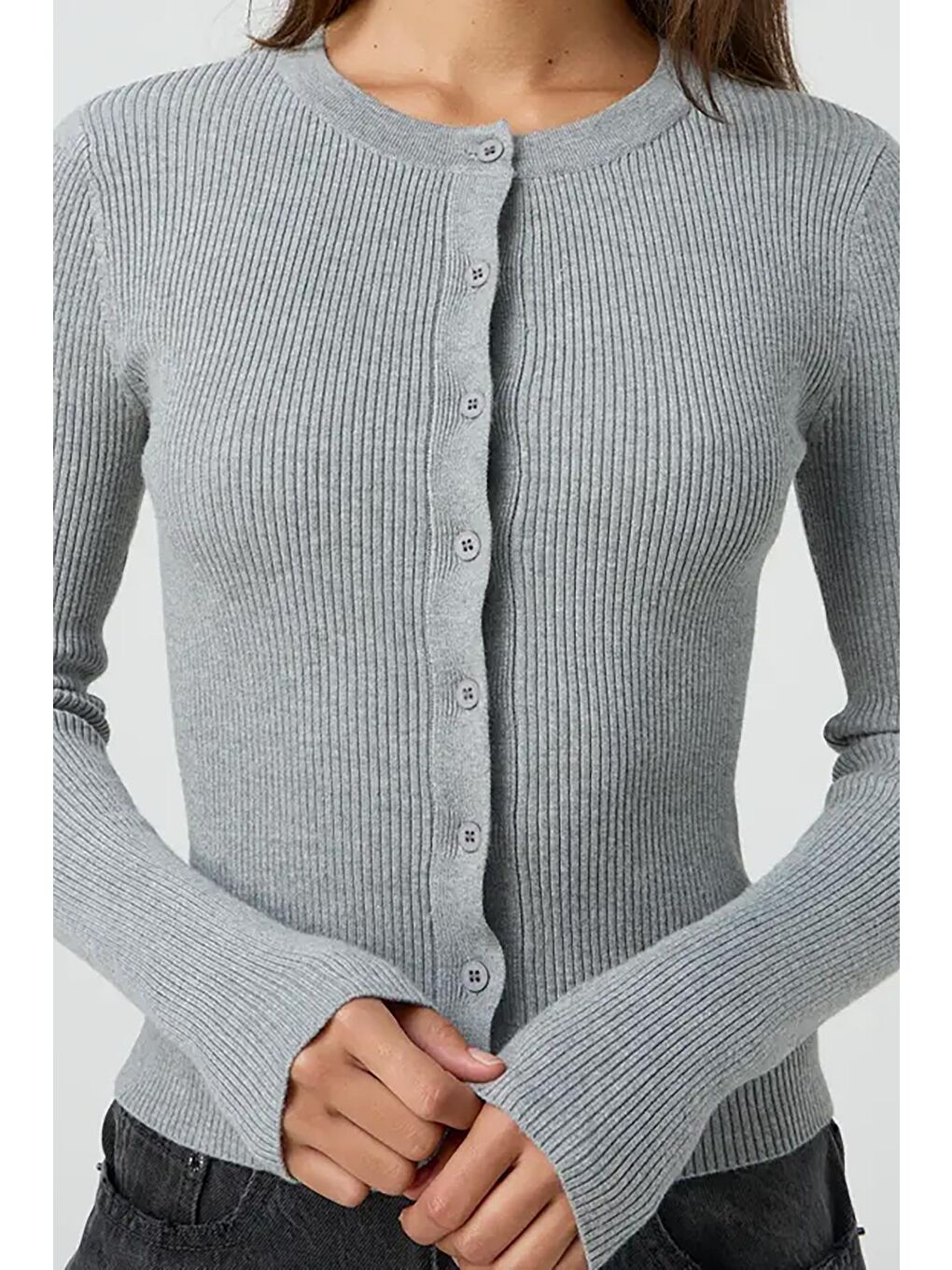 Gri Düğmeli Uzun Kollu Kaşkorse Hırka Mg2177-2