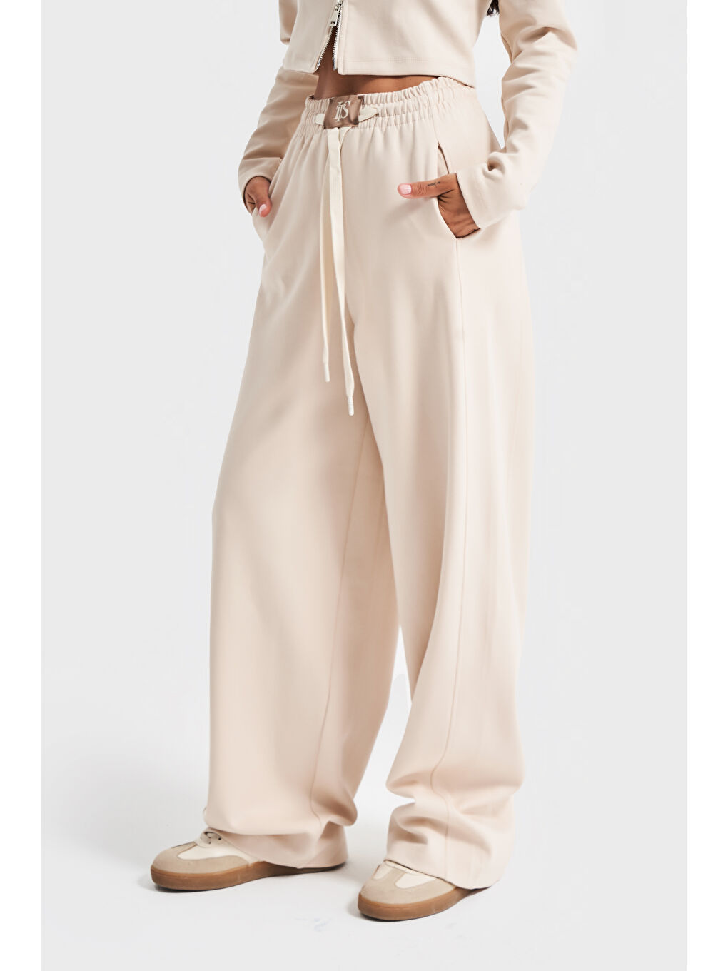 Kadın Bej Renk w5-57 Örme Kumaş Eşofman ve Fermuarlı Sweatshirt Alt Üst 2'li Kombin Takım-2