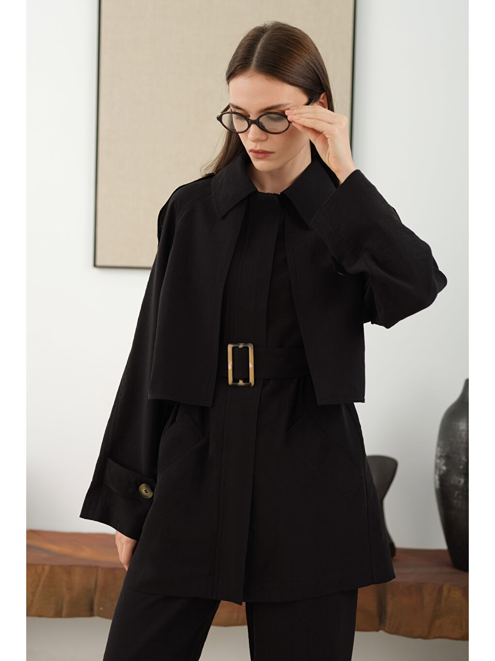 Rüzgarlıklı Trençkot Siyah-4