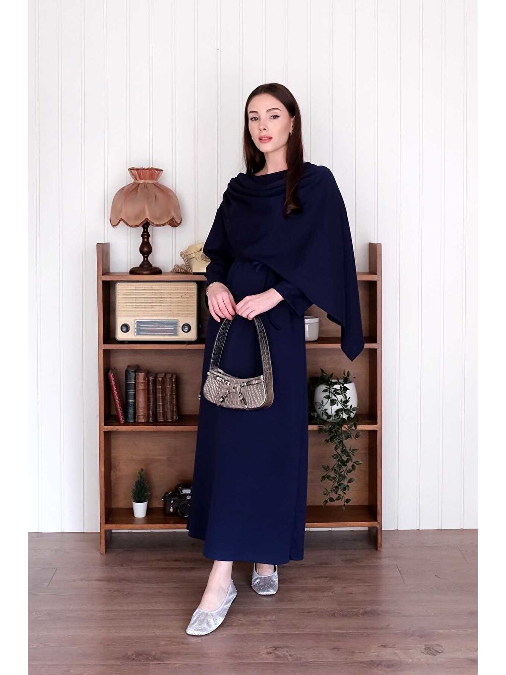 Lacivert Şal Yaka Elbise-1