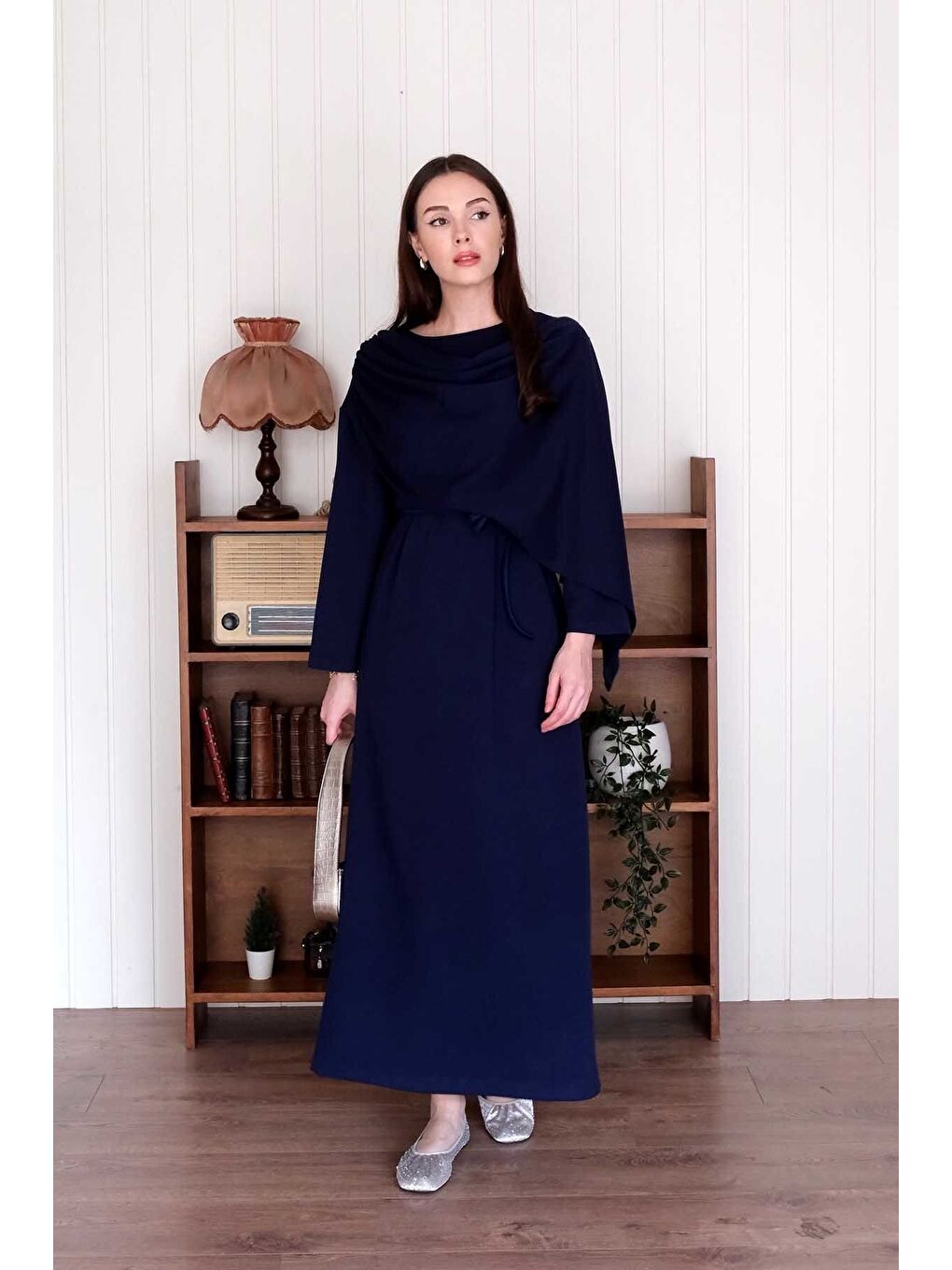 Lacivert Şal Yaka Elbise-2
