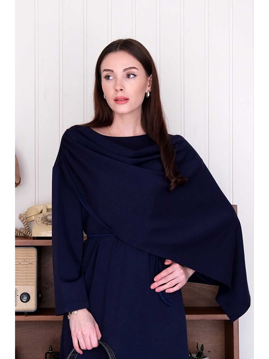 Lacivert Şal Yaka Elbise-3