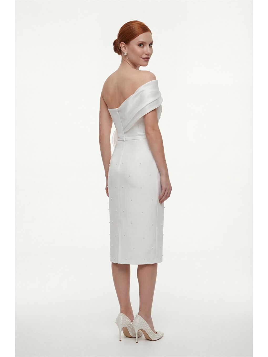 Kadın Beyaz Kayık Yaka İncili Söz Nişan Nikah Abiye Elbise-4