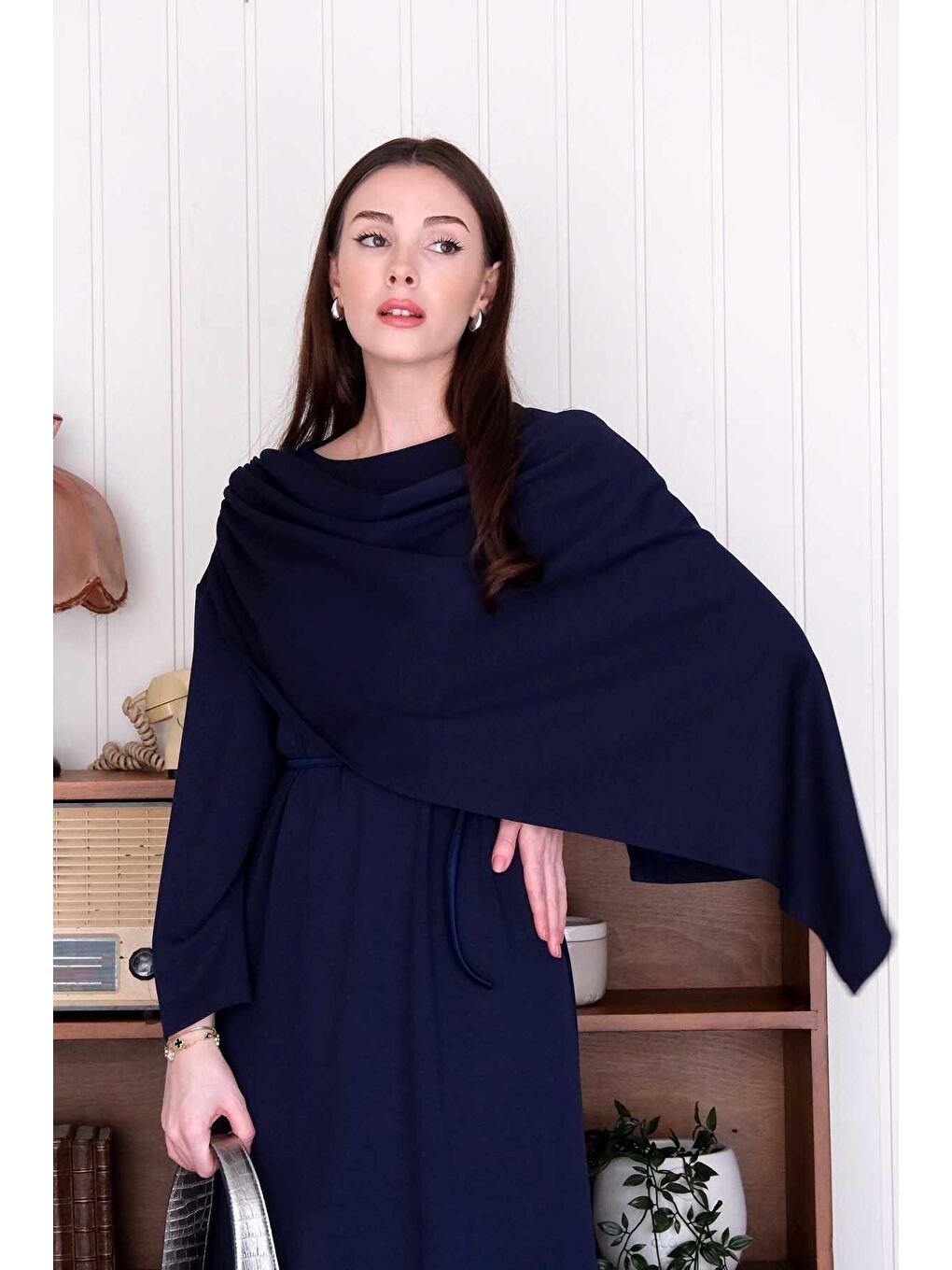Lacivert Şal Yaka Elbise-4