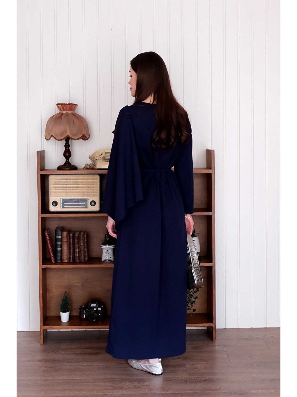 Lacivert Şal Yaka Elbise-5