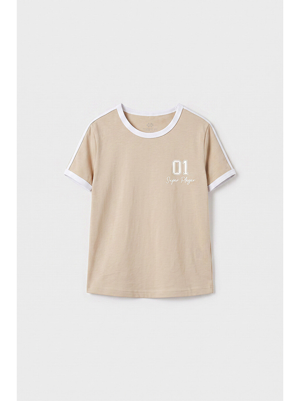 Bej Omuz Biye Detaylı Baskılı Kız Çocuk T-shirt - 75181