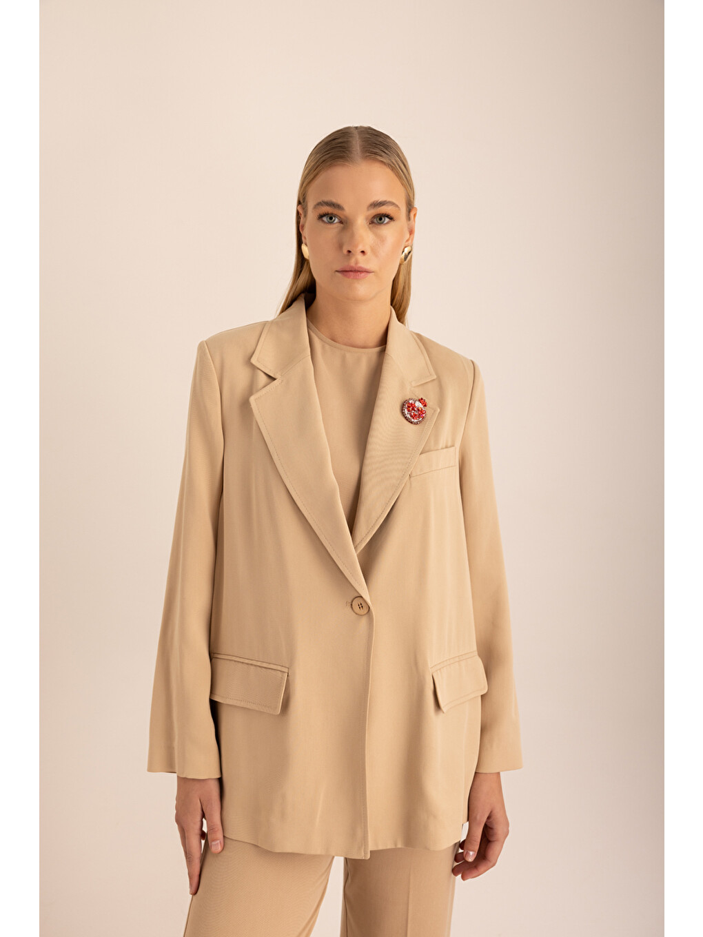 Bej Kontrast İç Biyeli Lyocell Oversize Ceket-3