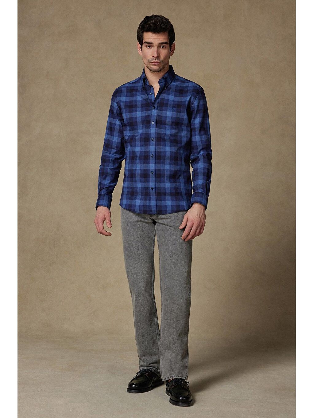 Luca Twill Pamuklu Comfort Fit Lacivert Düğmeli Yaka Erkek Kareli %100 Pamuk Gömlek-2