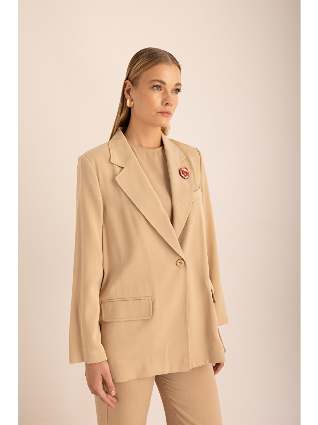 Bej Kontrast İç Biyeli Lyocell Oversize Ceket-5