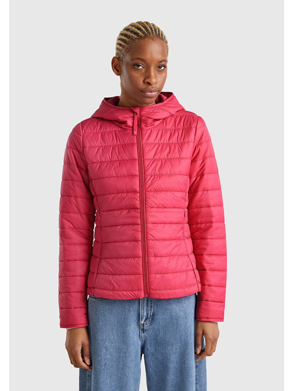 Kadın Fuşya Polyester Dolgulu Feramuarlı Kapüşonlu Slim Fit Puffer Mont