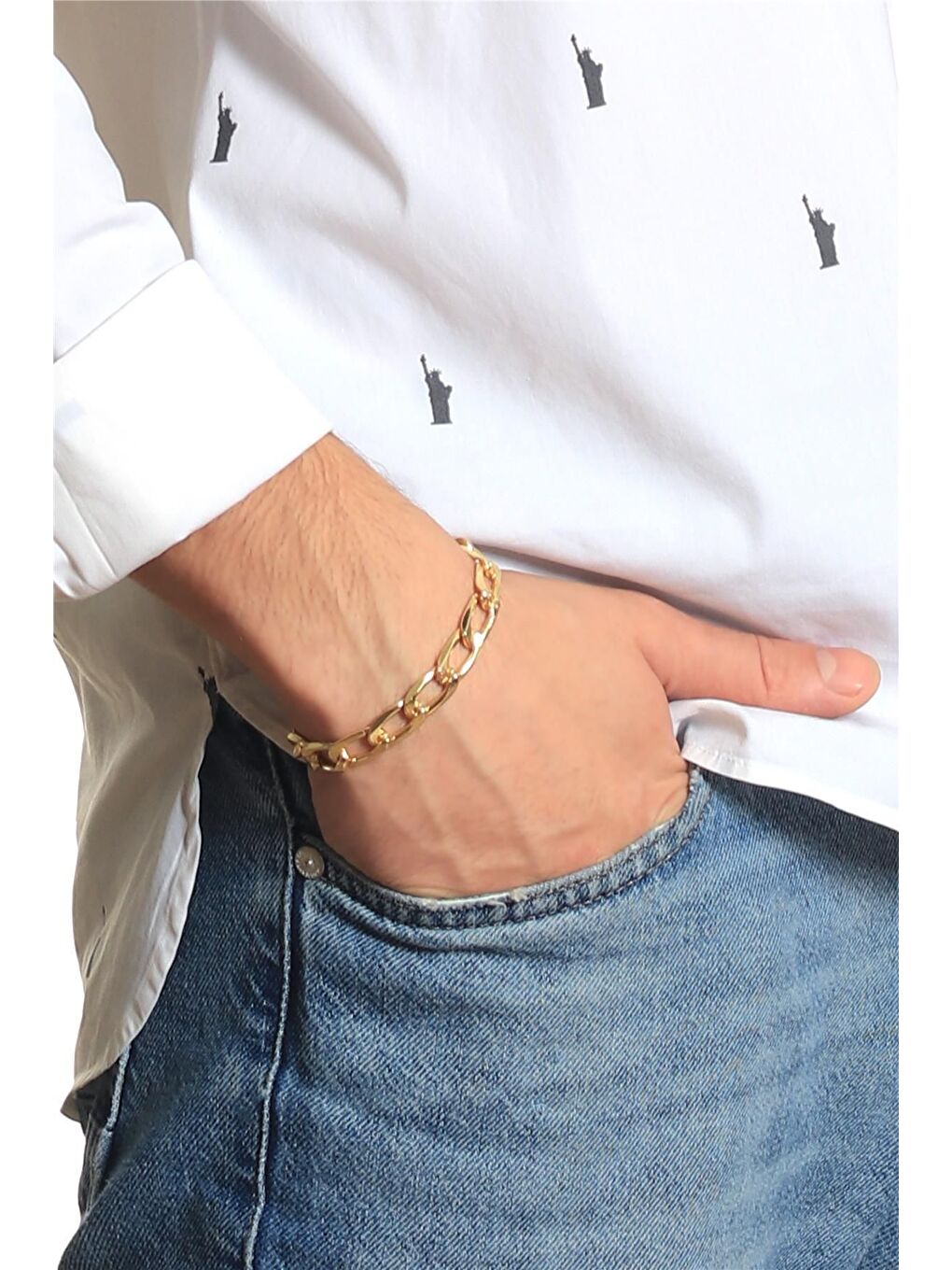 Sarı Erkek Lak Gümüş Renk Kaplama Kalın Zincir Formlu Bileklik-2