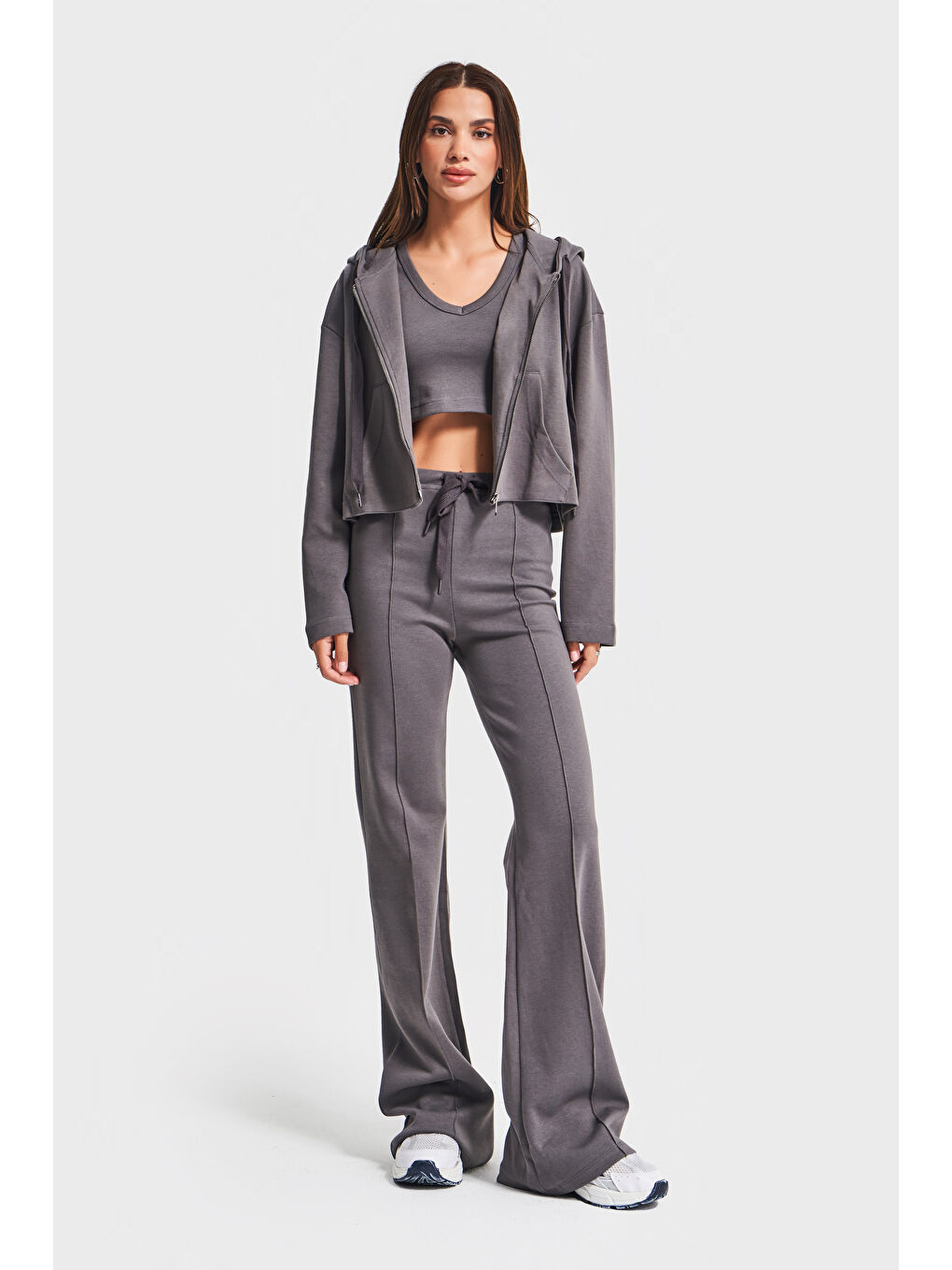 Kadın Antrasit Renk w5-45 Örme Kumaş Flare Eşofman Büstiyer ve Fermuarlı Sweatshirt 3'lü Kombin Takı