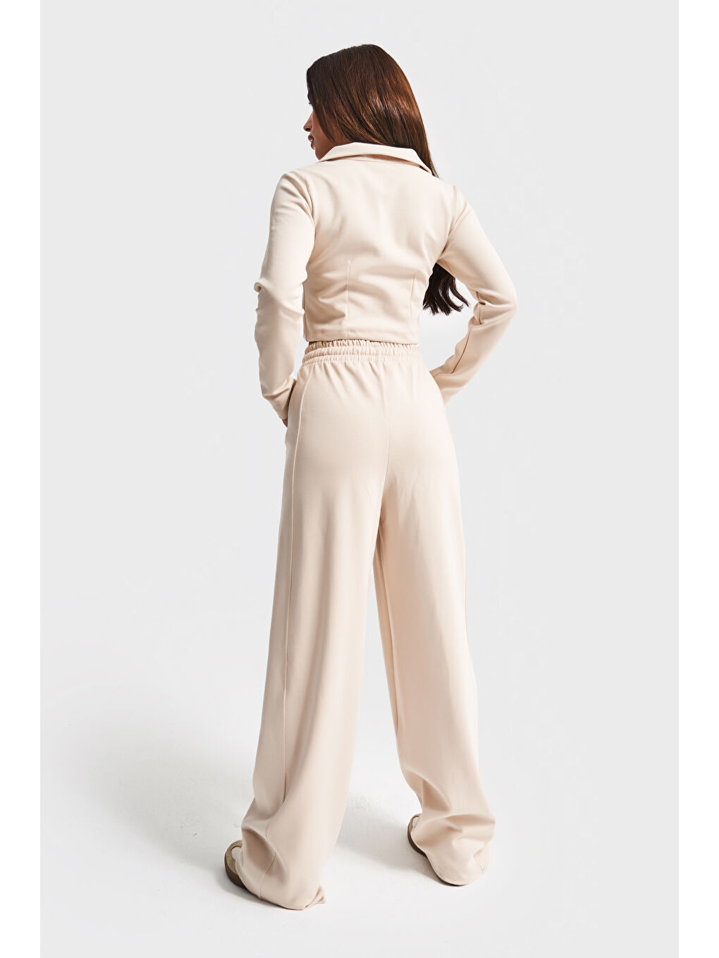 Kadın Bej Renk w5-57 Örme Kumaş Eşofman ve Fermuarlı Sweatshirt Alt Üst 2'li Kombin Takım-3