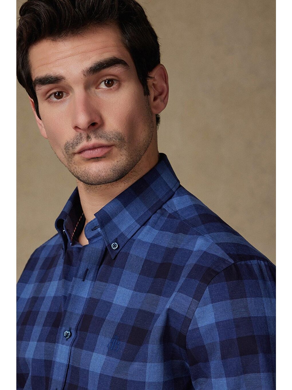Luca Twill Pamuklu Comfort Fit Lacivert Düğmeli Yaka Erkek Kareli %100 Pamuk Gömlek-3