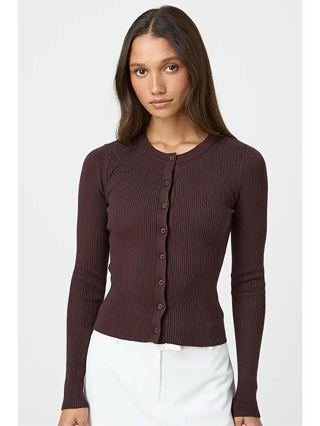 Kahverengi Düğmeli Uzun Kollu Kaşkorse Hırka Mg2177-1