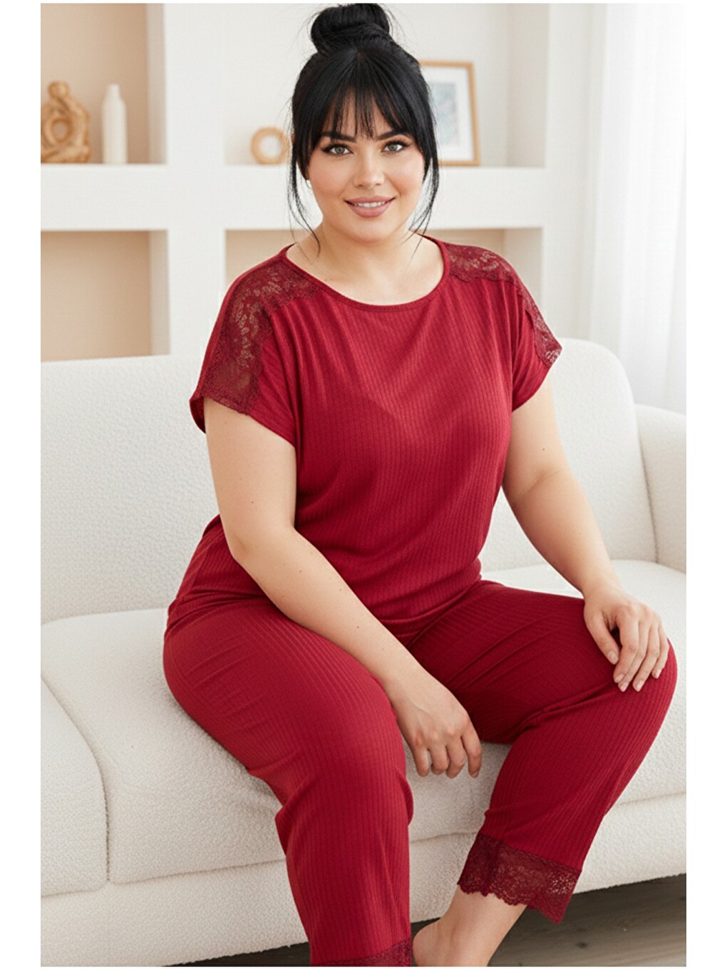 Bordo Soft Touch İnce Mevsimlik Battal Büyük Beden Dantel Detaylı Örme Pijama Takım7867