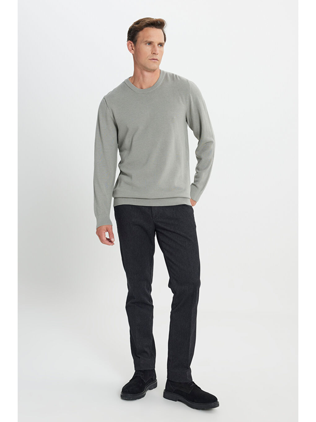 Erkek Su Yeşili Pamuklu Standart Fit Normal Kesim Bisiklet Yaka Jakarlı Triko Kazak-1