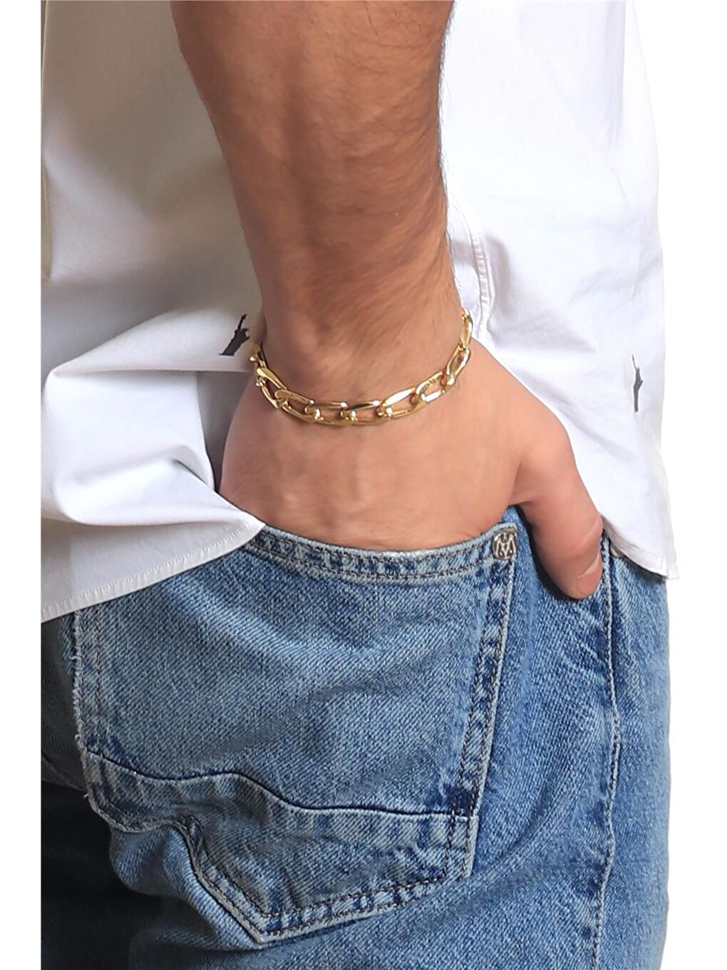Sarı Erkek Lak Gümüş Renk Kaplama Kalın Zincir Formlu Bileklik-1