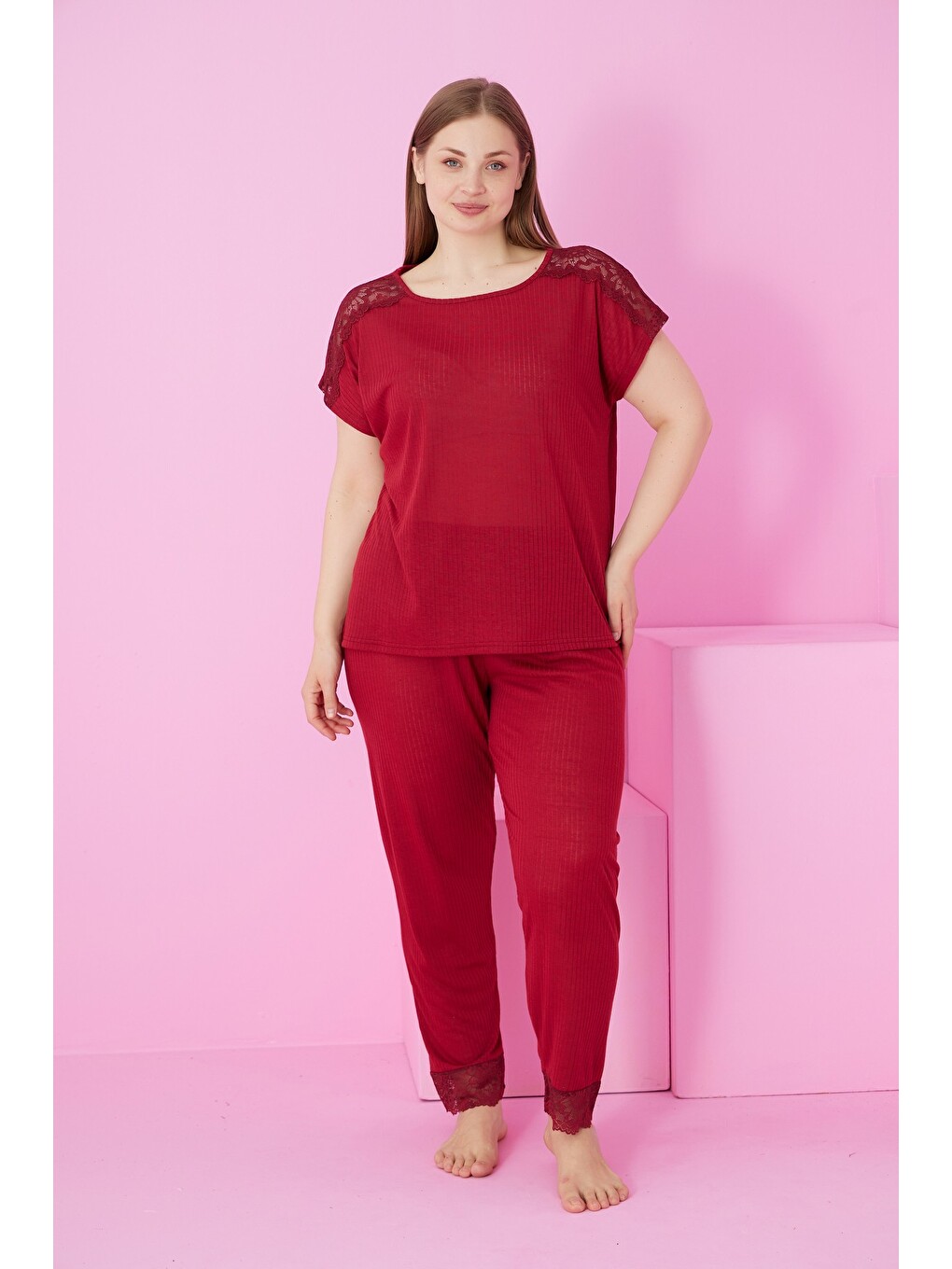 Bordo Soft Touch İnce Mevsimlik Battal Büyük Beden Dantel Detaylı Örme Pijama Takım7867-1