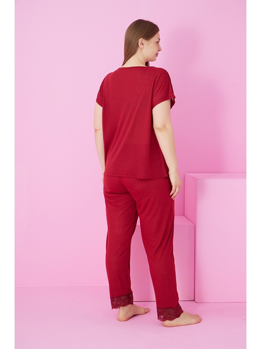 Bordo Soft Touch İnce Mevsimlik Battal Büyük Beden Dantel Detaylı Örme Pijama Takım7867-2