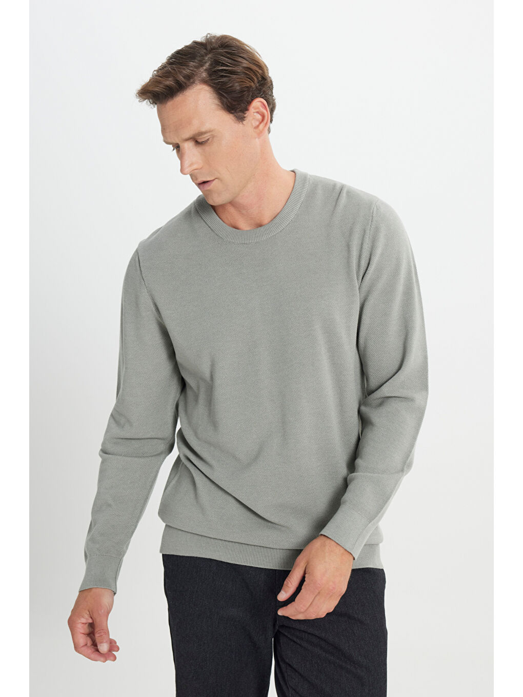 Erkek Su Yeşili Pamuklu Standart Fit Normal Kesim Bisiklet Yaka Jakarlı Triko Kazak-2