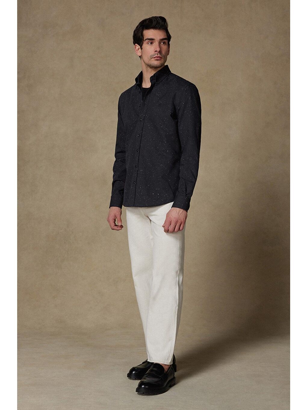 Luca Dobby Pamuklu Comfort Fit Siyah Düğmeli Yaka Erkek Düz %100 Pamuk Gömlek-2