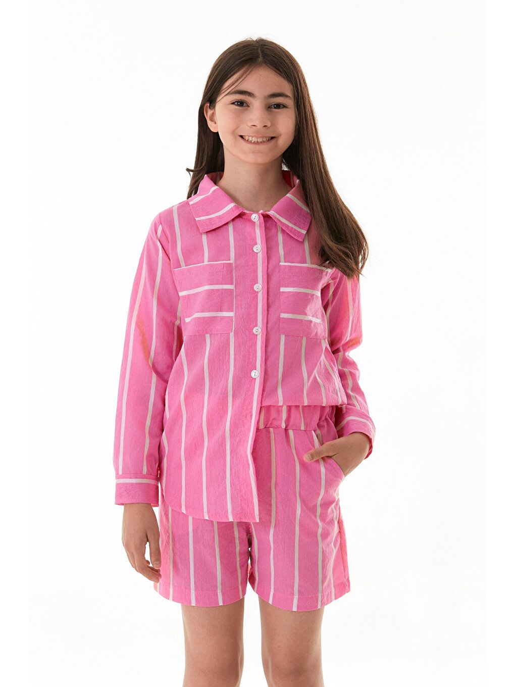 Pembe Çizgili Çift Cepli Şortlu Kız Çocuk Takım