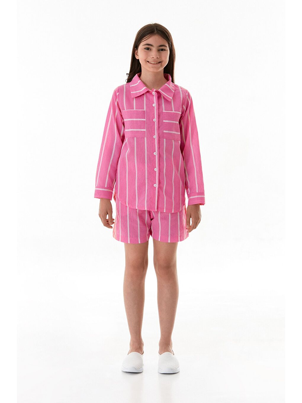 Pembe Çizgili Çift Cepli Şortlu Kız Çocuk Takım-1