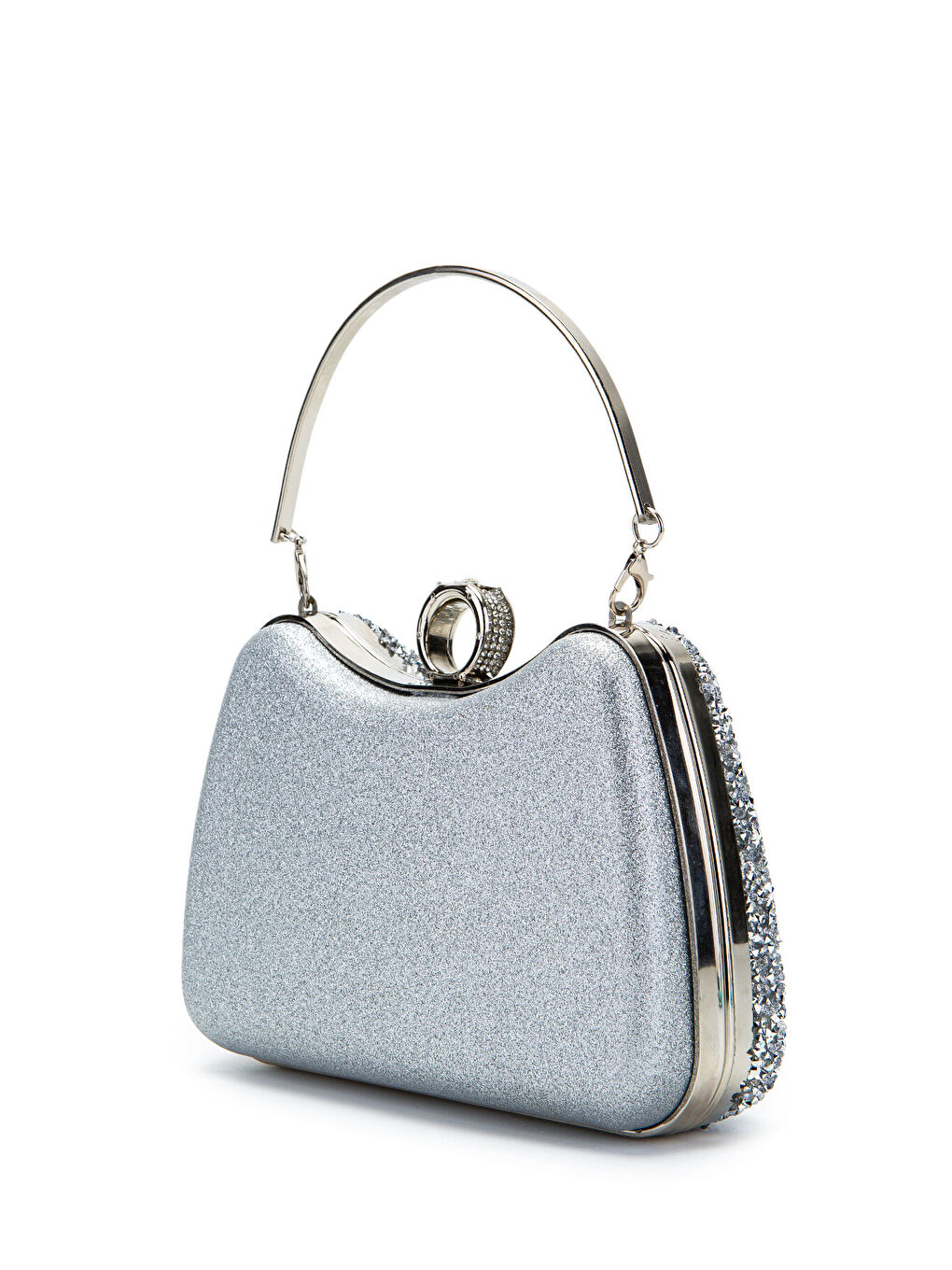 Gri Yüzük Detaylı Taşlı Amanda Abiye El Çantası Gümüş-3