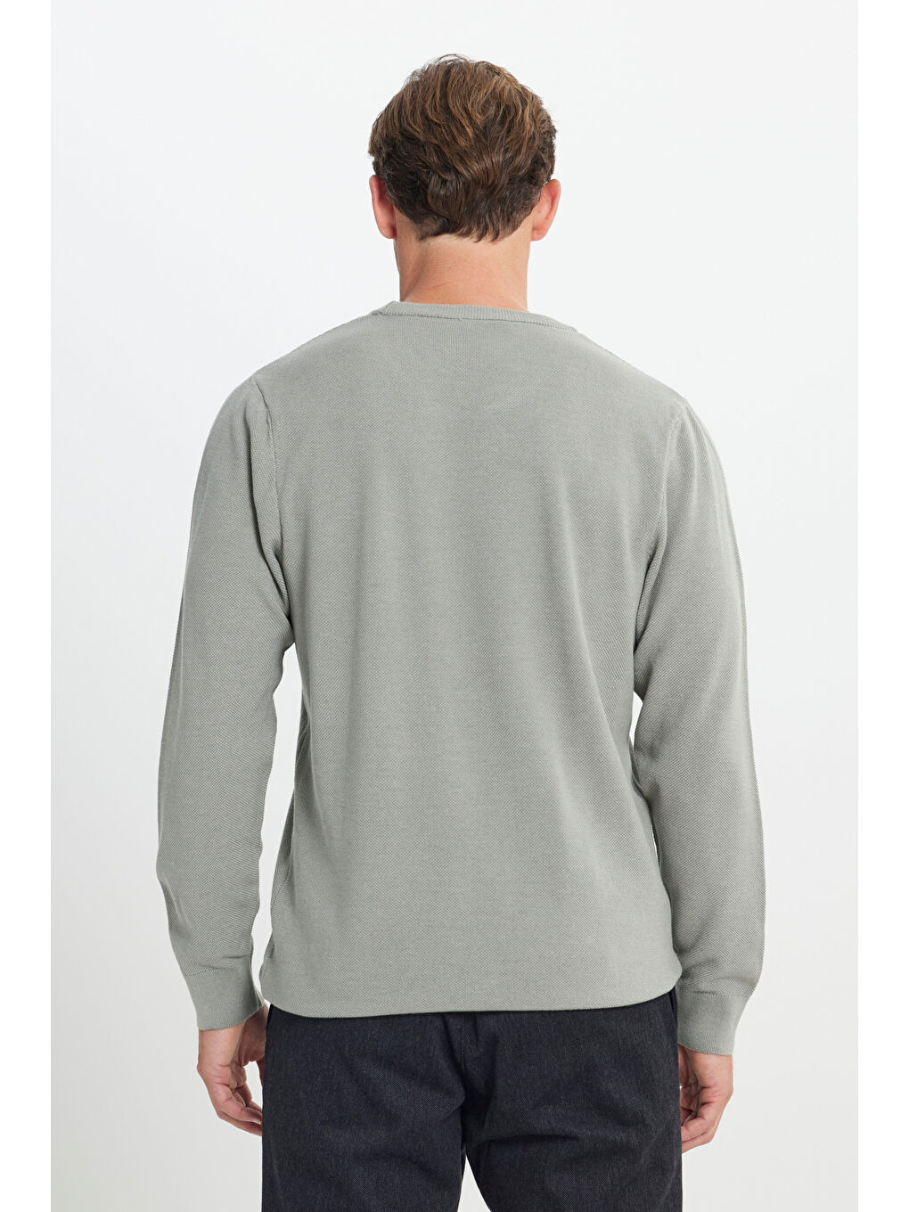 Erkek Su Yeşili Pamuklu Standart Fit Normal Kesim Bisiklet Yaka Jakarlı Triko Kazak-4