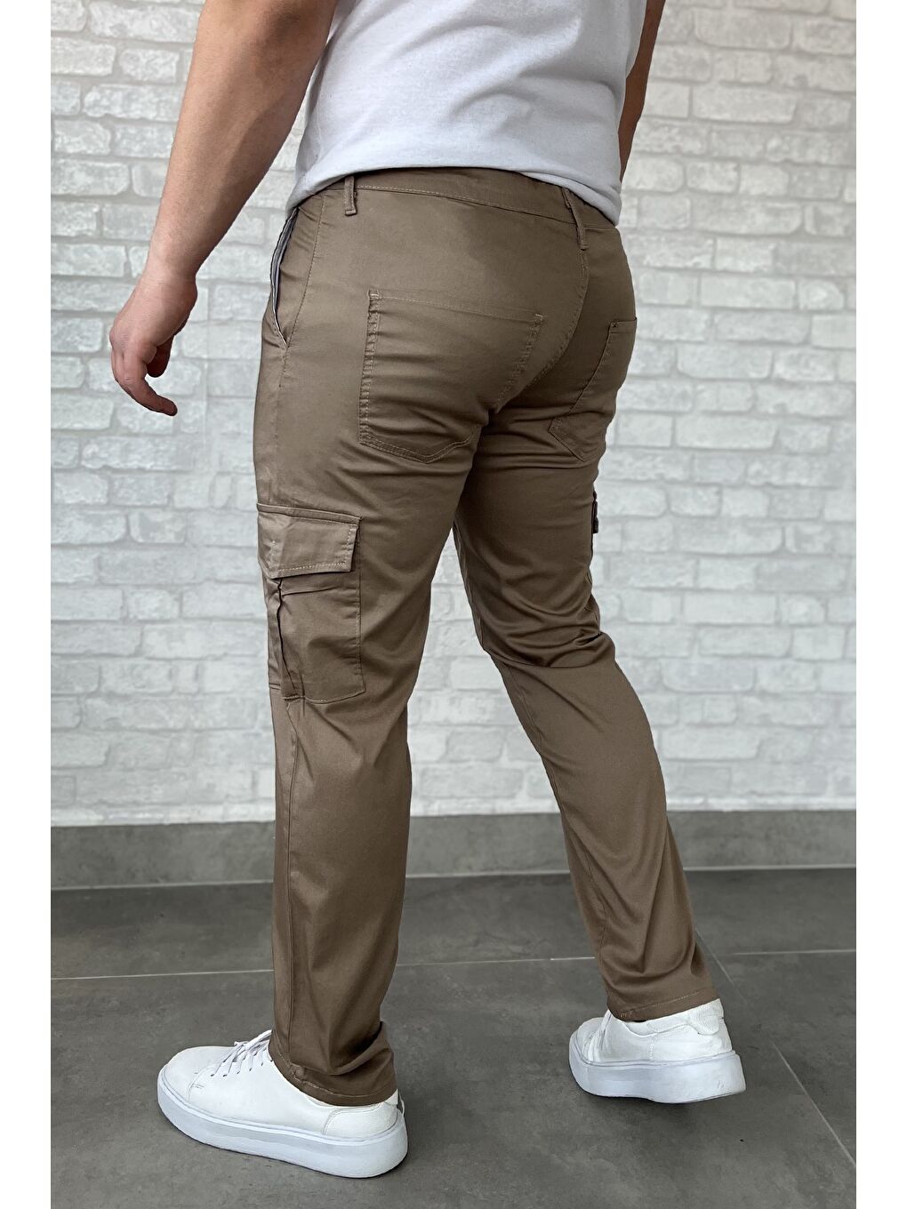 Bej Erkek Kargo Cepli Düz Paça Pantolon-2