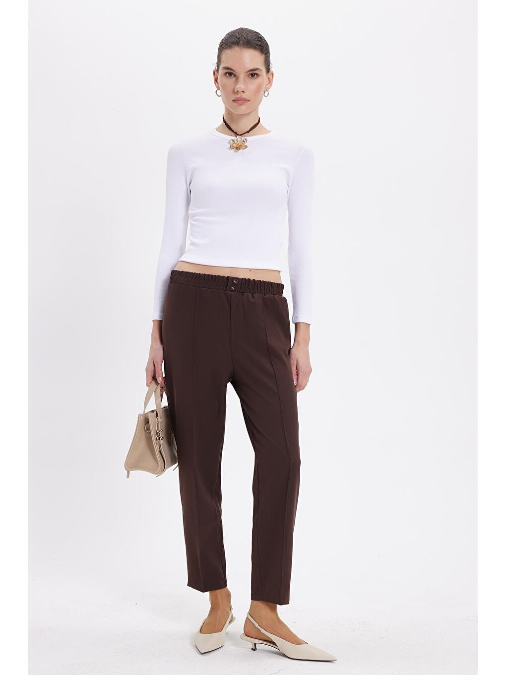 Kahverengi Kadın Relax Fit Rahat Kesim Yüksel Bel Düz Paça Beli Lastikli Koyu Kahve Pantolon-1