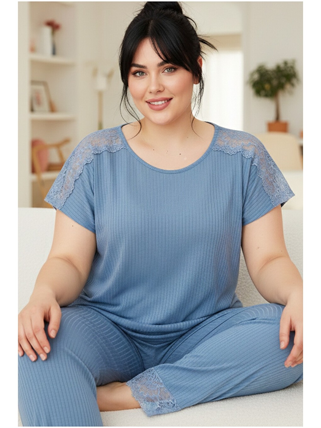 İndigo Soft Touch İnce Mevsimlik Battal Büyük Beden Dantel Detaylı Örme Pijama Takım7867