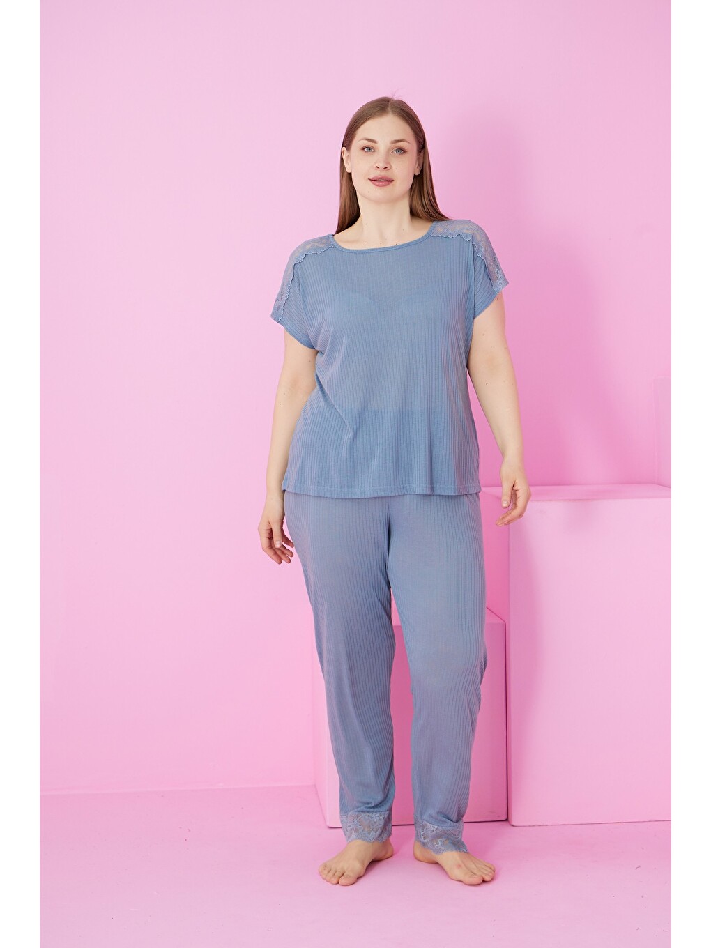 İndigo Soft Touch İnce Mevsimlik Battal Büyük Beden Dantel Detaylı Örme Pijama Takım7867-1