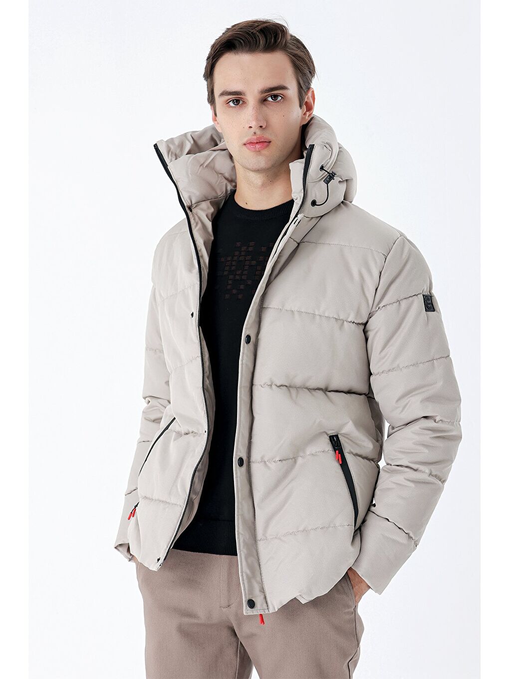 Bej Taş Rengi Kapüşonlu Astarlı Slim Fit Dar Kesim Casual Mont 1007235160-2