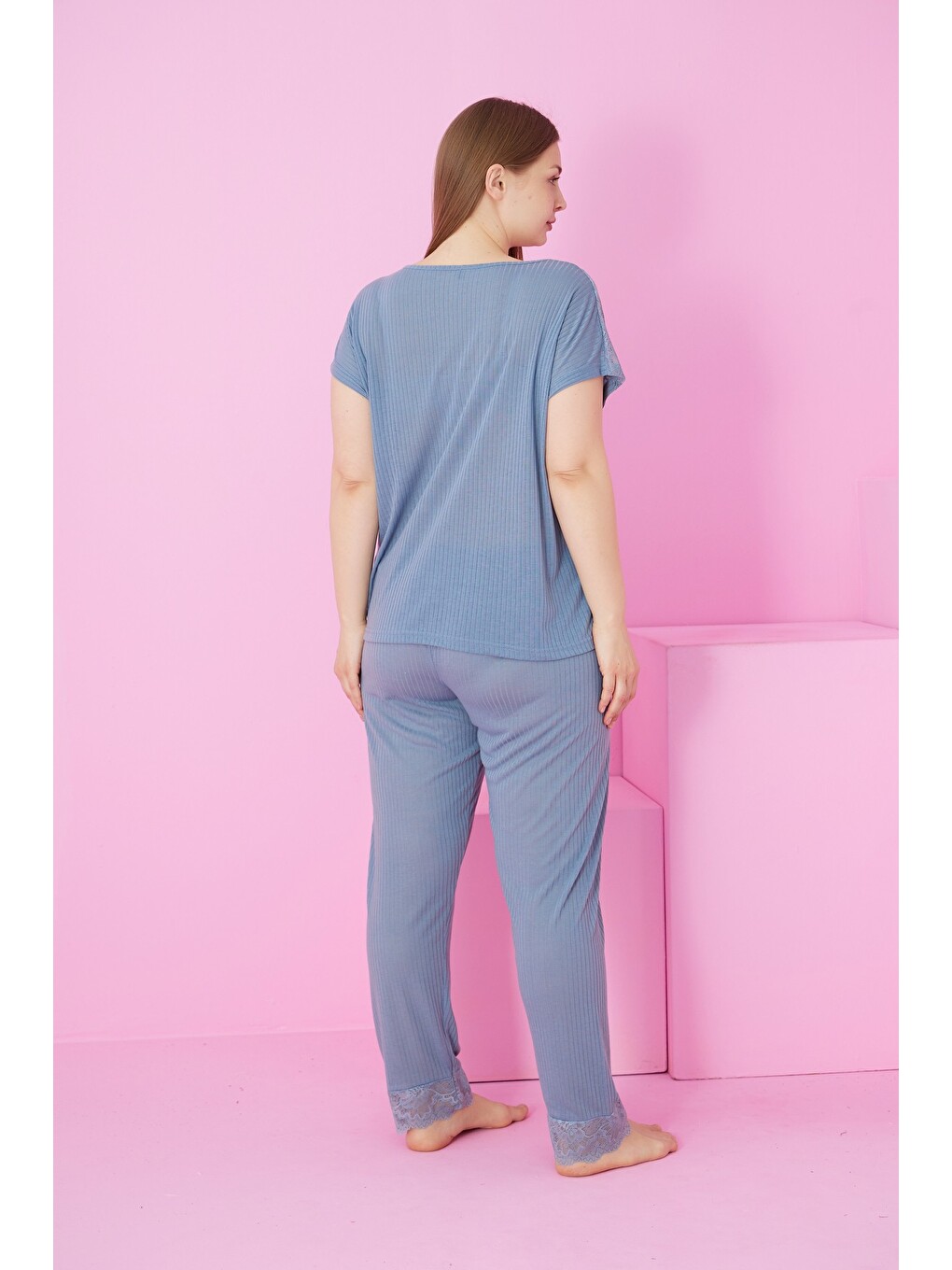 İndigo Soft Touch İnce Mevsimlik Battal Büyük Beden Dantel Detaylı Örme Pijama Takım7867-2