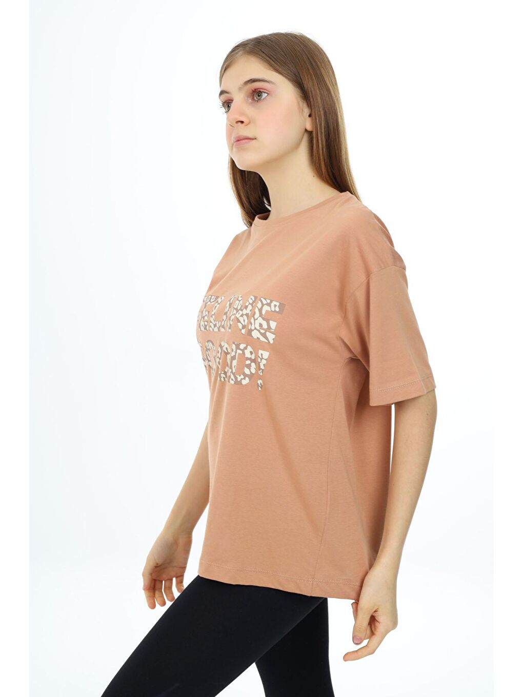 Kahverengi Kahve Leopar Desenli Yazılı Bisiklet Yaka Kız T-shirt 17777