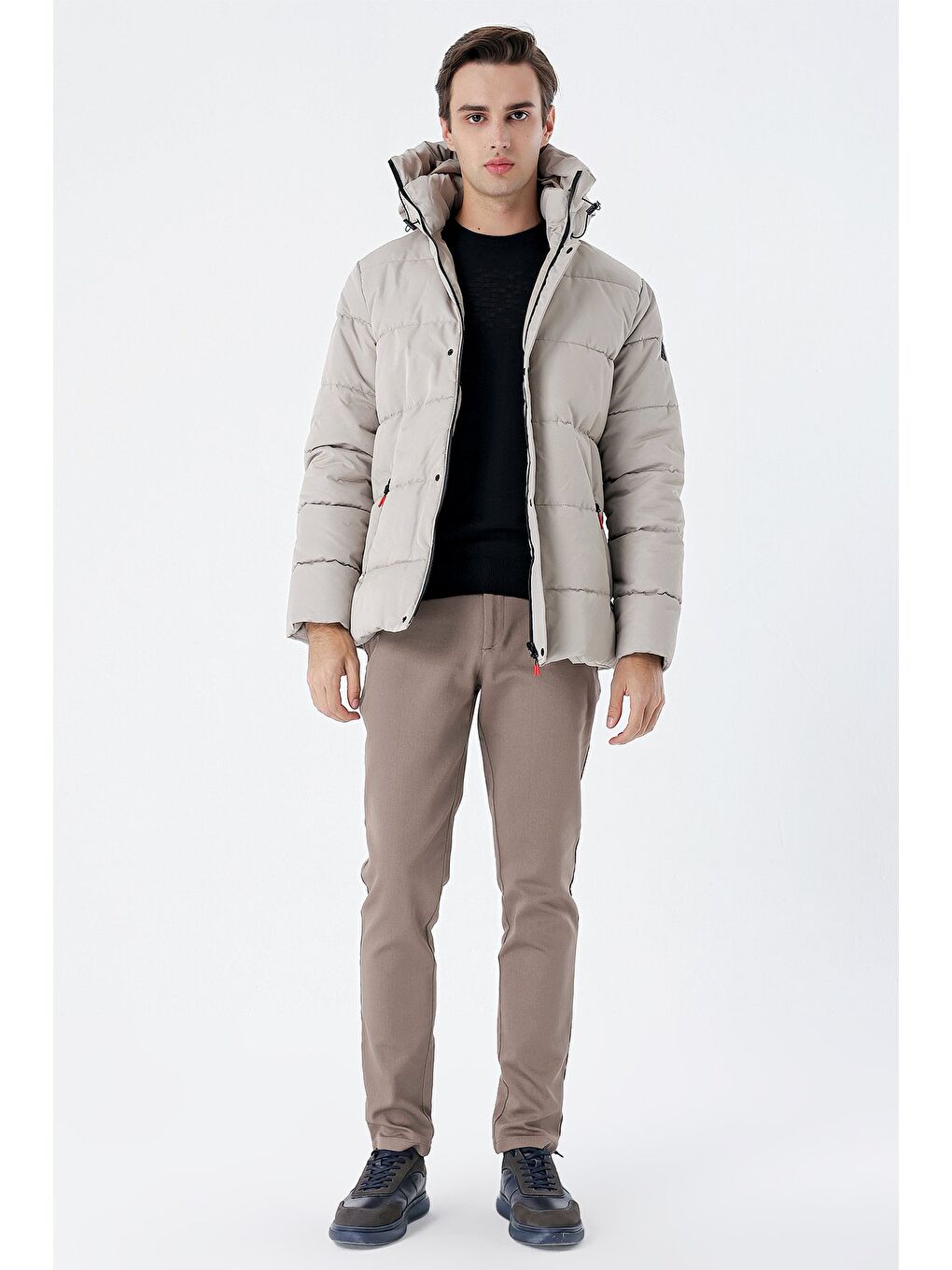 Bej Taş Rengi Kapüşonlu Astarlı Slim Fit Dar Kesim Casual Mont 1007235160-4