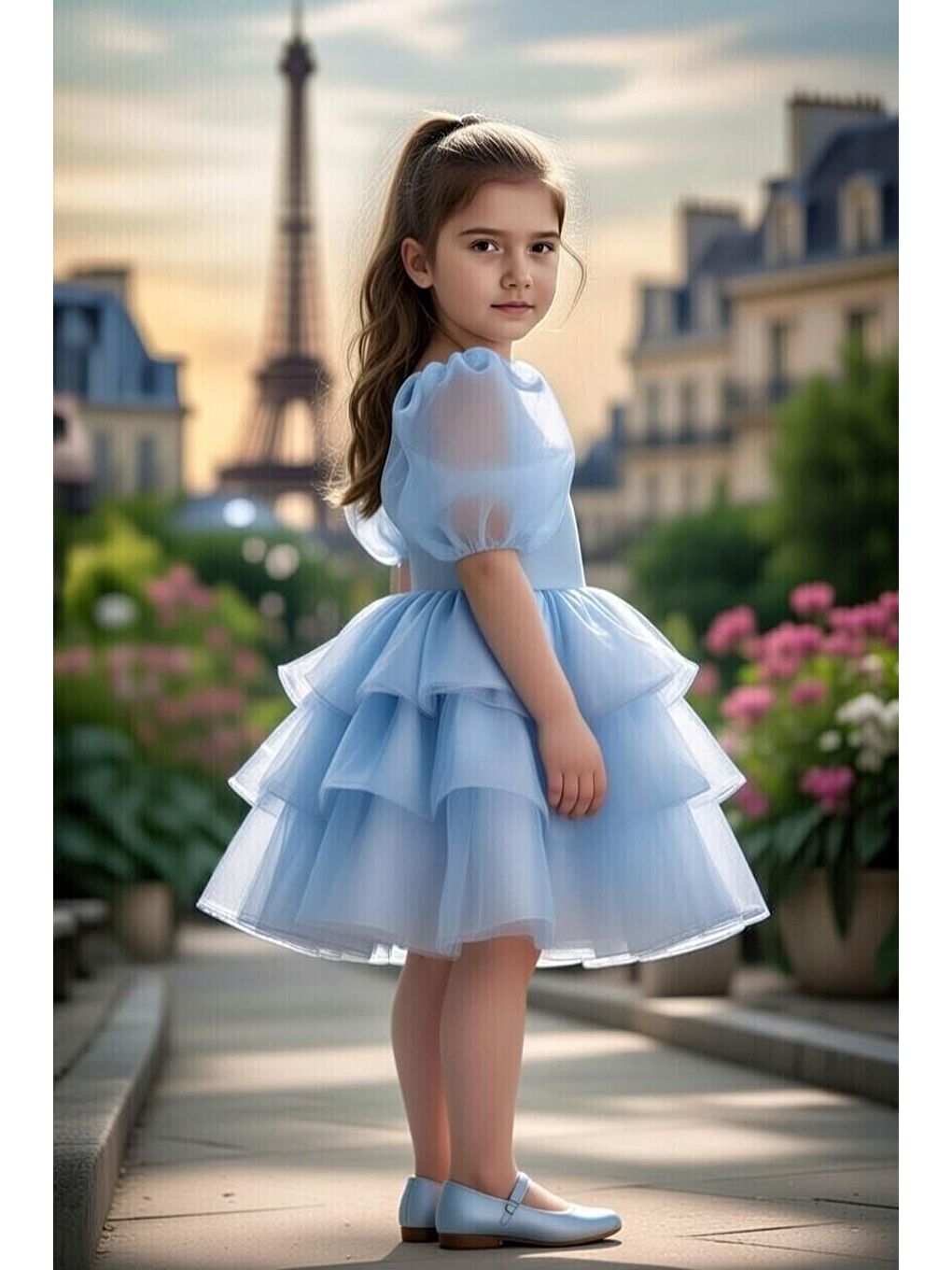 Kız Çocuk Kare Yaka Üzeri Kat Kat Pliseli Balon Kollu Kabarık Mavi Abiye-1