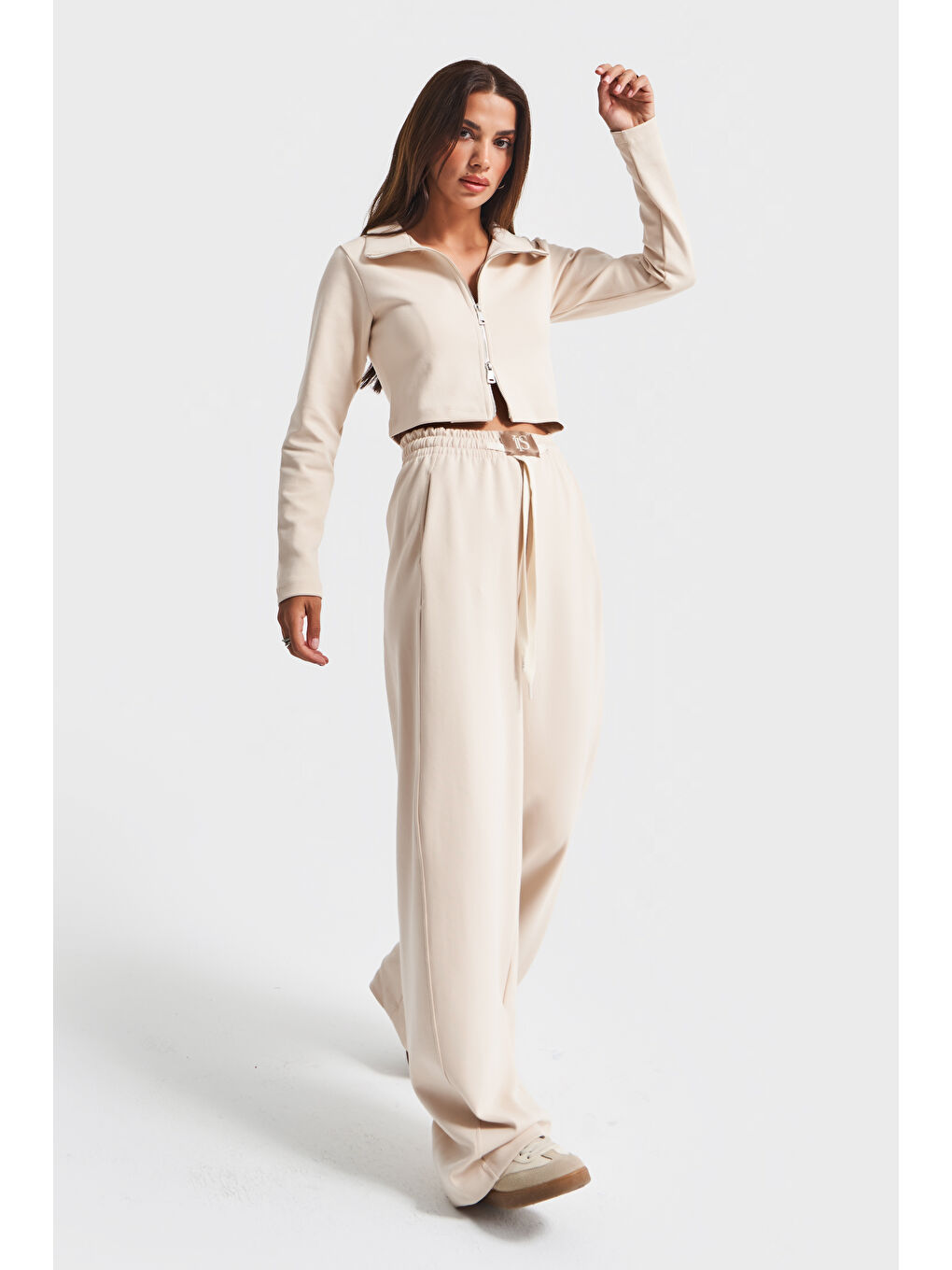 Kadın Bej Renk w5-57 Örme Kumaş Eşofman ve Fermuarlı Sweatshirt Alt Üst 2'li Kombin Takım-4